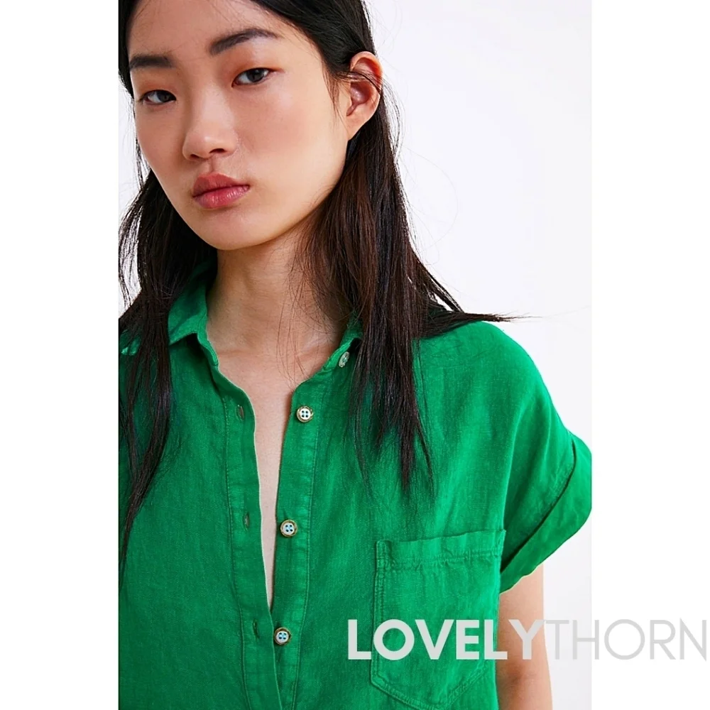 ZARA // kelly green chest pockets button down linen relaxed fit blouse - Picture 3 of 7